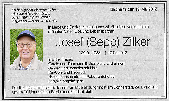 Traueranzeige Sepp Zilker