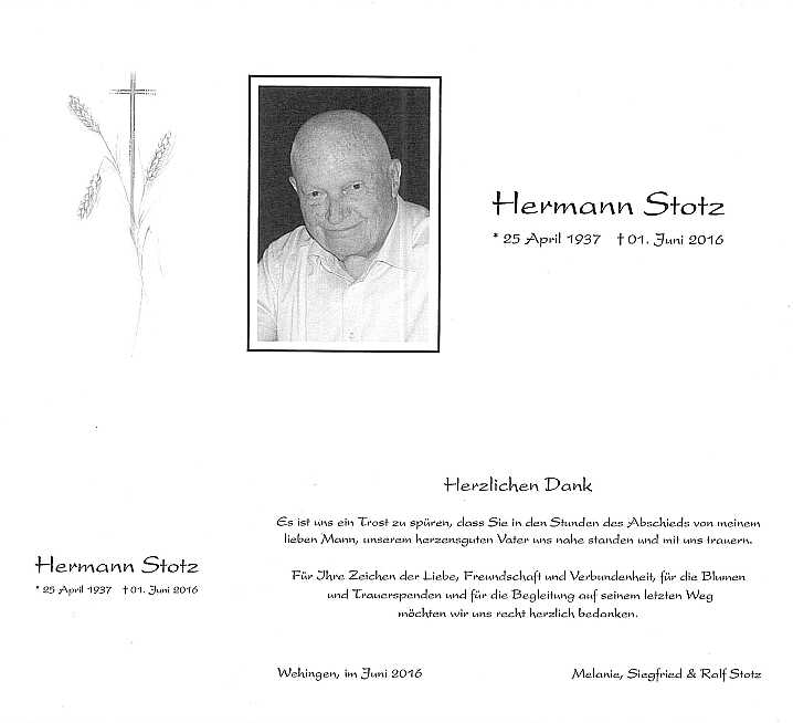 Dankeskarte der Familie Stotz 